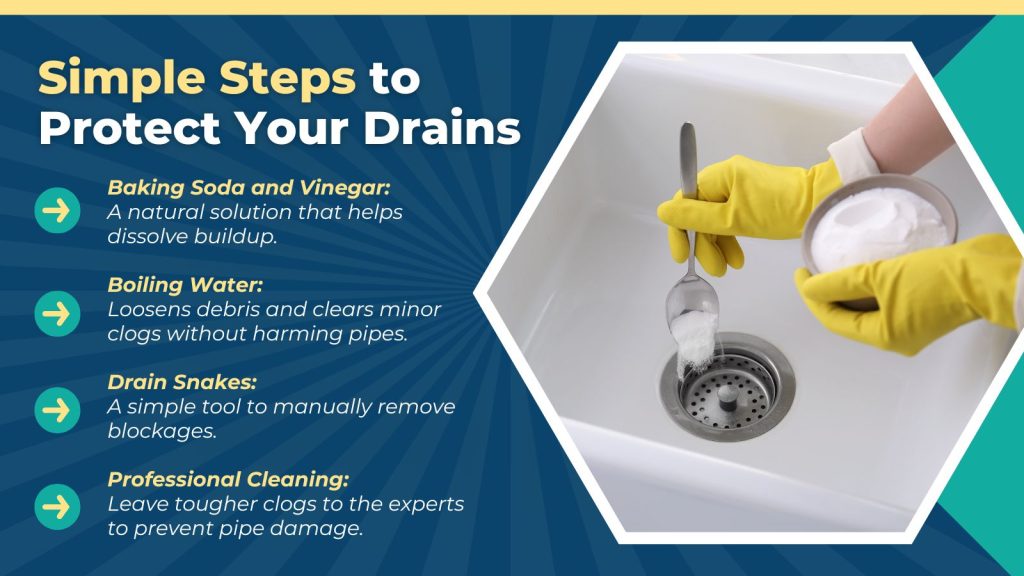 This is an image of a homeowner putting baking soda in the kitchen drain. The headlines reads; Simple steps to protect your drains.